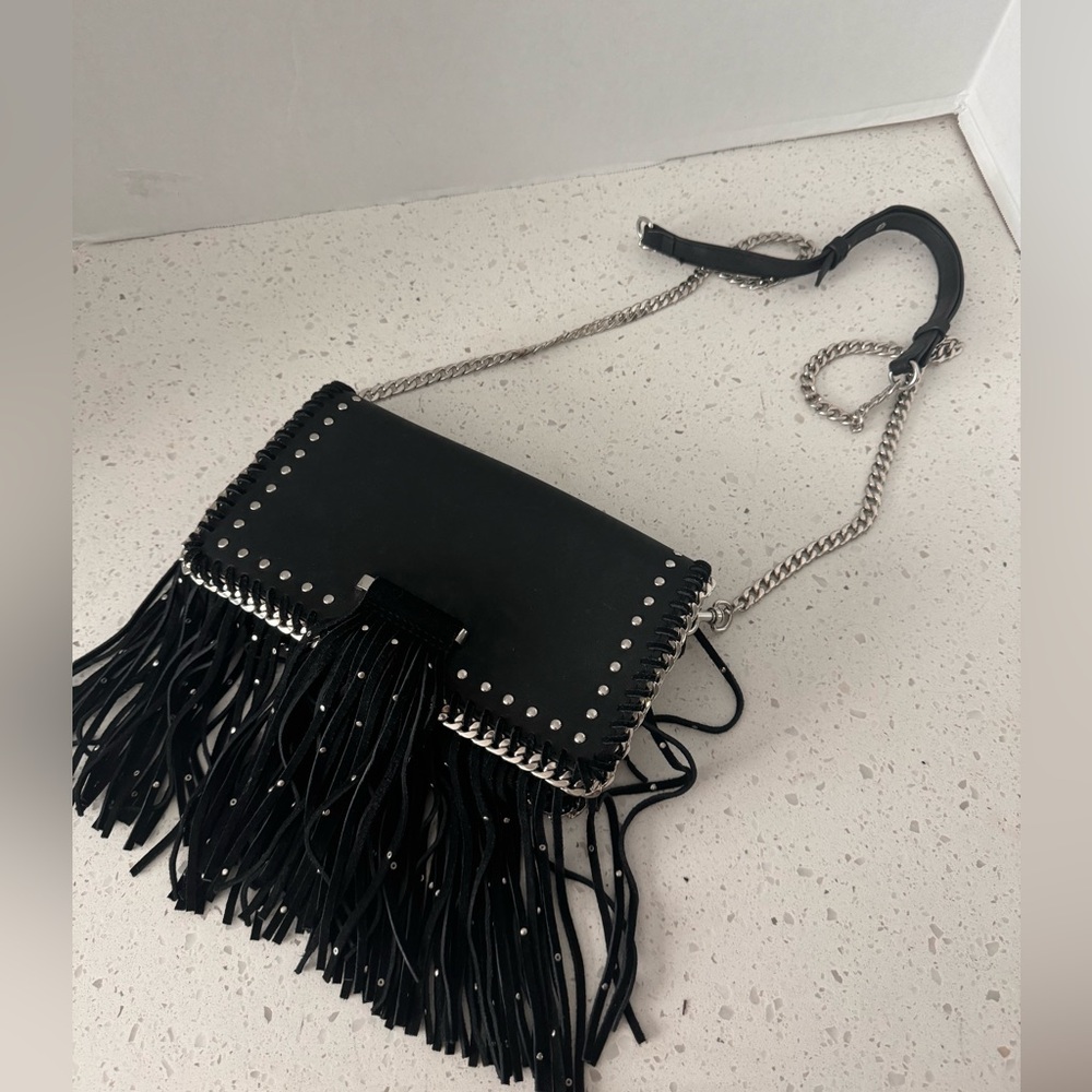 Anna Sui I.N.C. Leather Chain Fringe Studded Embellished Crossbody Bag